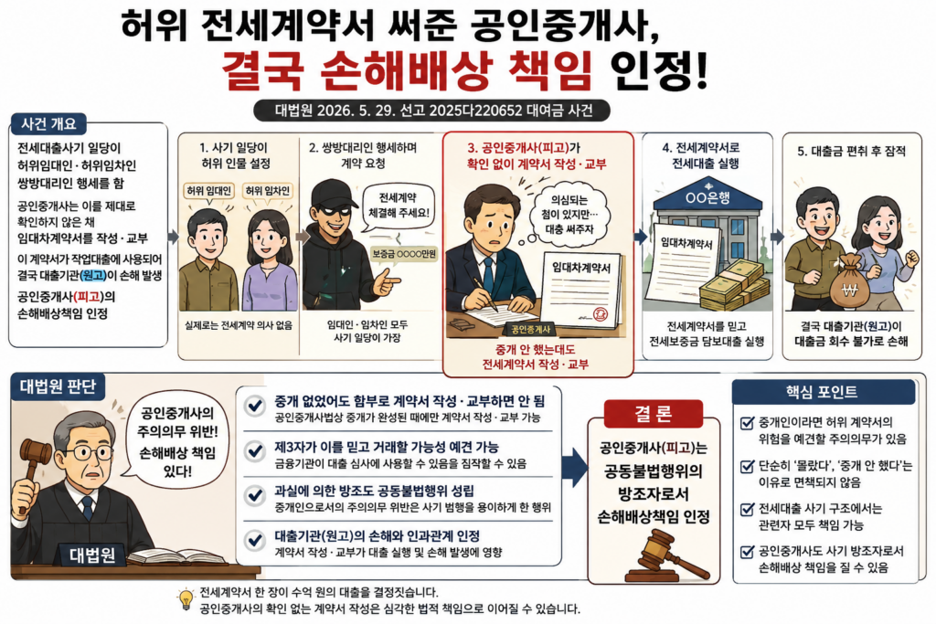 허위 전세계약서 써준 공인중개사에게도 전세대출사기 손해배상책임 인정